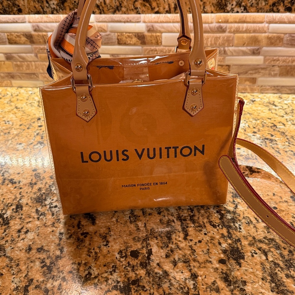 Handmade PVC shopping bag tote!LV mustard yellow Brown Tote with Scarf Accent - Picture 3 of 6